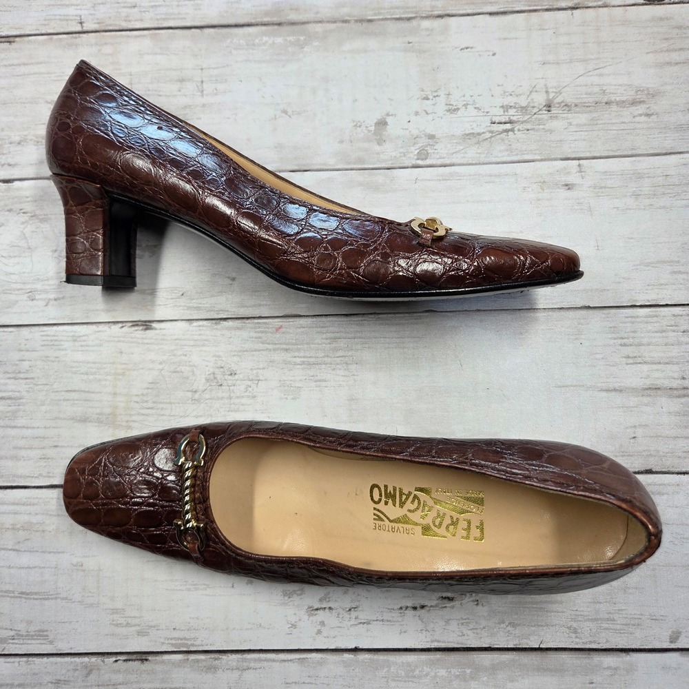 Salvatore Ferragamo Pumps Womens 10AA Brown Croc Embossed Leather Block Heel